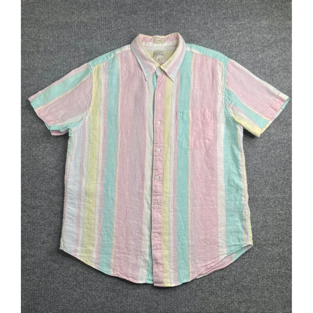 J.Crew Short Sleeve Shirt Mens L Pastel Multi Baird McNutt‎ Irish Linen BE546